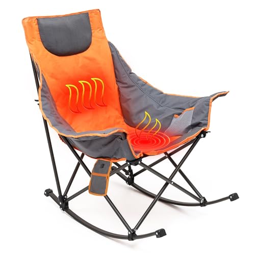 SUNNYFEEL Oversized Heated Camping Chair, Folding Rocking Camping Chairs with Luxury Padded Recliner,Carry Bag, 300 LBS Heavy Duty for Lawn/Outdoor/Picnic/Patio, Portable Rocker Camp Chair