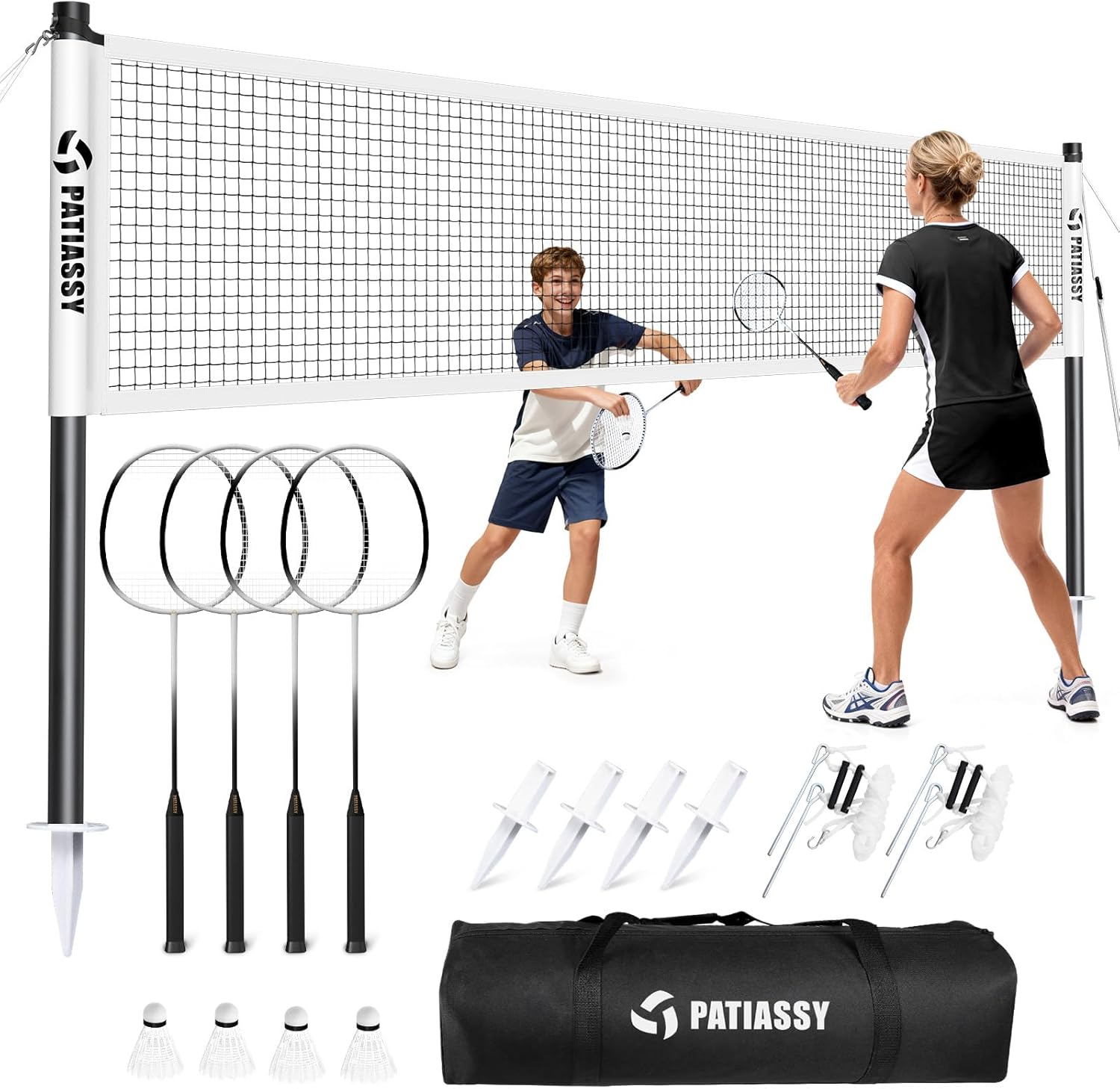 Badminton Set for Backyard, Portable Anti-Sag Badminton Net with 4 Badminton Rackets, 4 Nylon Shuttlecocks and Carry Bag, for Lawn Beach Family Games