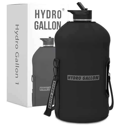 Hydro Gallon - 1 Gallon Water Bottle Jug with Insulated Sleeve and Straw Lid, Handle, Time Marker, Pocket, Shoulder Strap. Daily Intake Leakproof BPA free Large Big Bottle Men. 128oz (Black)