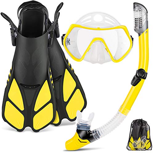 ZEEPORTE Mask Fin Snorkel Set, Travel Size Snorkeling Gear for Adults with Panoramic View Anti-Fog Mask, Trek Fins, Dry Top Snorkel and Gear Bag for Swimming Training, Snorkeling Kit Diving Packages
