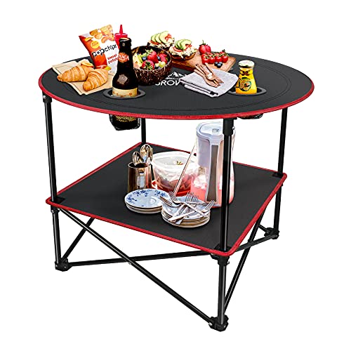 Portable Camping Table, Outdoor Beach Tables for Sand Foldable Picnic Table with 4 Cup Holders & Carry Bag, Lightweight Waterproof Canvas Tables for Outside, Fishing, Hiking, Tailgating