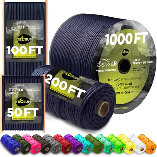 TECEUM 5/32" Paracord Rope 1000  1000ft / 200ft / 100ft / 50ft  Tactical Parachute Cord 4mm  45+ Colors  Nylon String for Survival & Camping Gear  Stripe Cord for Survival  Utility Rope