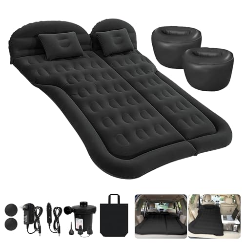 ISWEES Car Bed SUV Air Mattress, Car Air Mattress with Home Power Adapter, Electric Pump, 2 Inflatable Pillows and 2 Footrests for Back Seat, Side Seat,Trunk Sleeping, Thickened Camping Bed - Black