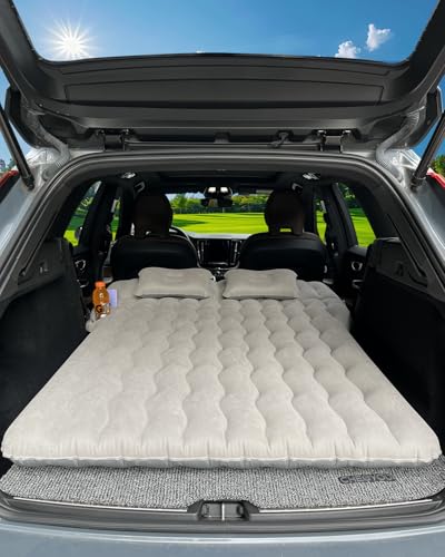 SUV Air Mattress, Inflatable Car Mattress Bottle and Phone Holder Thickened Flocking & PVC Surface Car Bed with Electric Air Pump Travel Mattress for Camping Road Trip (Grey)