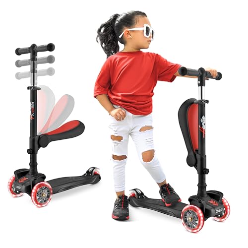 Hurtle 3-Wheeled Scooter for Kids - Wheel LED Lights, Adjustable Lean-to-Steer Handlebar, and Foldable Seat - Sit or Stand Ride with Brake for Boys and Girls Ages 1-14 Years Old