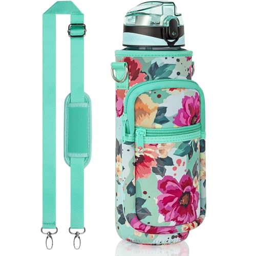 Fimibuke 32 oz Water Bottle with Sleeve - BPA Free Leakproof Sport Large 1L Plastic Motivational Water Bottle with Straw Strap & Insulated Neoprene Holder Carrier Bag Great Xmas Gift for Women Men