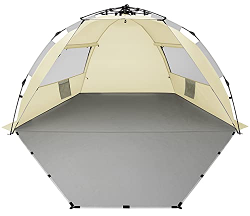 Oileus X-Large 4 Person Beach Tent Sun Shelter - Portable Sun Shade Instant Tent for Beach with Carrying Bag, Stakes, 6 Sand Pockets, Anti UV for Fishing Hiking Camping, Waterproof Windproof, Khaki