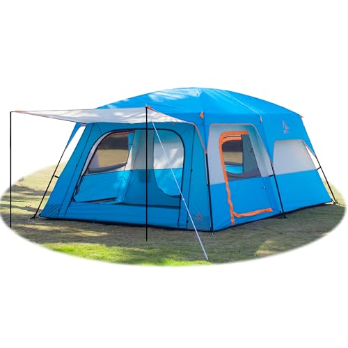 KTT Extra Large Tent 6-10-12-14 Person(Style-B),Family Cabin Tents,2 Rooms,3 Doors and 3 Windows with Mesh,Straight Wall,Waterproof,Double Layer,Big Tent for Outdoor,Picnic,Camping,Family Gathering