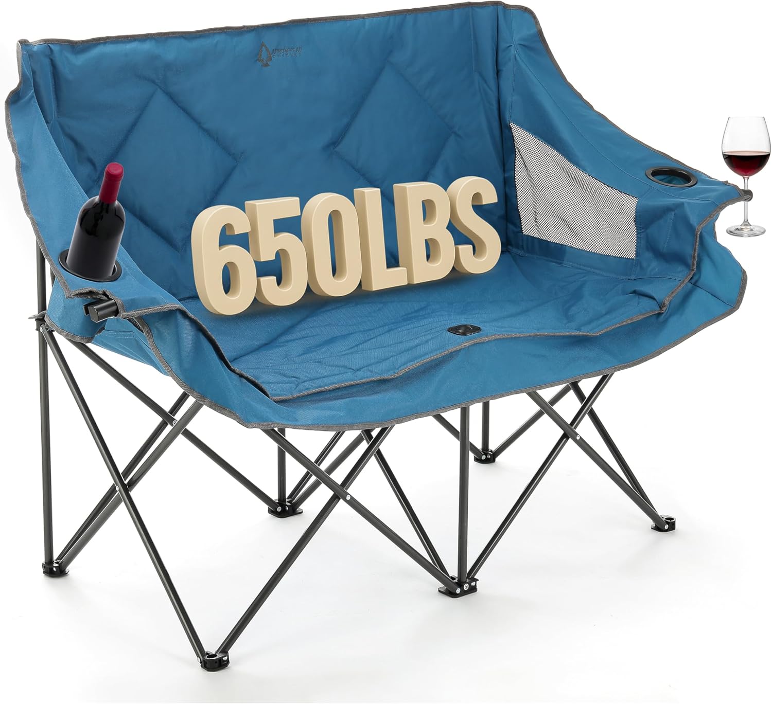 ARROWHEAD OUTDOOR Portable Folding Double Duo Camping Chair Loveseat w/ 2 Cup & Wine Glass Holder, Carrying Bag, Supports up to 500lbs