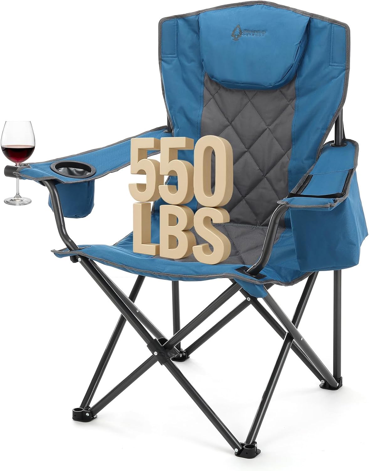 ARROWHEAD OUTDOOR Portable Deluxe Folding Camp Quad Chair w/Headrest, Glass & Cup Holders, Armest 6-can Cooler, Heavy Duty Carry Bag, 550 lbs Weight Capacity