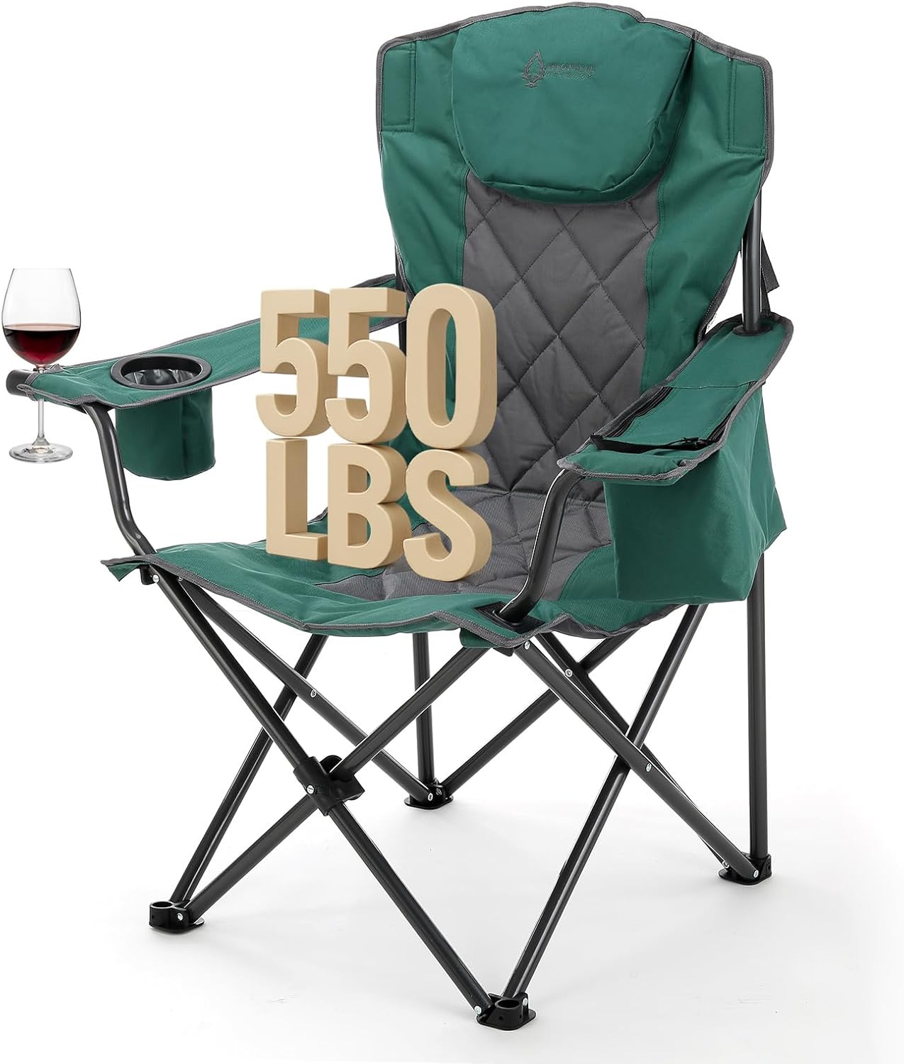 ARROWHEAD OUTDOOR Portable Deluxe Folding Camp Quad Chair w/Headrest, Glass & Cup Holders, Armest 6-can Cooler, Heavy Duty Carry Bag, 550 lbs Weight Capacity