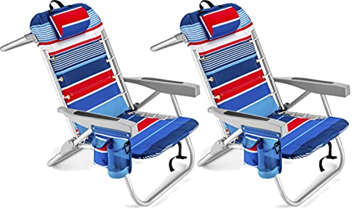 Homevative Folding Backpack Beach Chair with 5 Positions, Towel bar, Cooler Pouch, Storage Pouch, Cup Holder and Phone Holder, 2 Pack