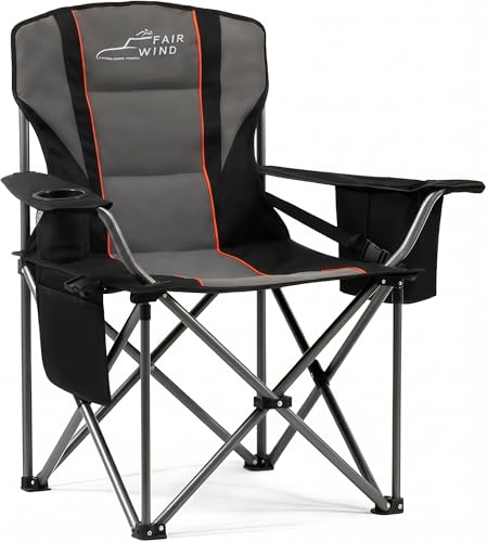FAIR WIND Oversized Fully Padded Camping Chair with Lumbar Support, Heavy Duty Quad Fold Chair with Cooler Bag, Support 450 LBS, Black