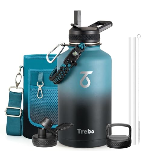 Trebo Water Bottle 64oz with Paracord Handle, Half Gallon Large Vacuum Double Wall Stainless Steel Insulated Water Jug with Holder Strap Straw Spout Lids, Leakproof Keep Cold & Hot, Indigo/Black