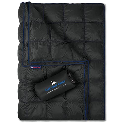 Get Out Gear Double Puffy Camping Blanket - Extra Puffy, Packable, Lightweight and Warm | Ideal for Outdoors, Travel, Stadium, Festivals, Beach, Hammock | Water-Resistant Camp Quilt (Black/Blue)
