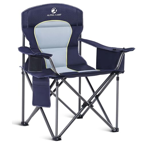 ALPHA CAMP Oversized Camping Chair Heavy Duty Lawn Chair with Cooler Bag Support 450 LBS Steel Frame Collapsible Padded Arm Quad Lumbar Back Folding Chair for Lawn Outdoor