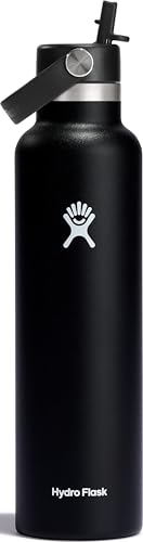 Hydro Flask Water Bottle - Insulated Stainless Steel - Straw Lid, Non Spill, Leakproof 24 Oz Black