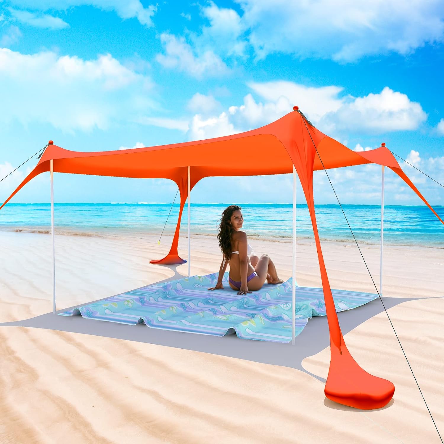 Beach Tent Pop Up Shade Canopy Sun Shelter UPF50+ with 4 Stability Poles/Carry Bag/Ground Pegs/Sand Shovel (Orange, 10x10FT)