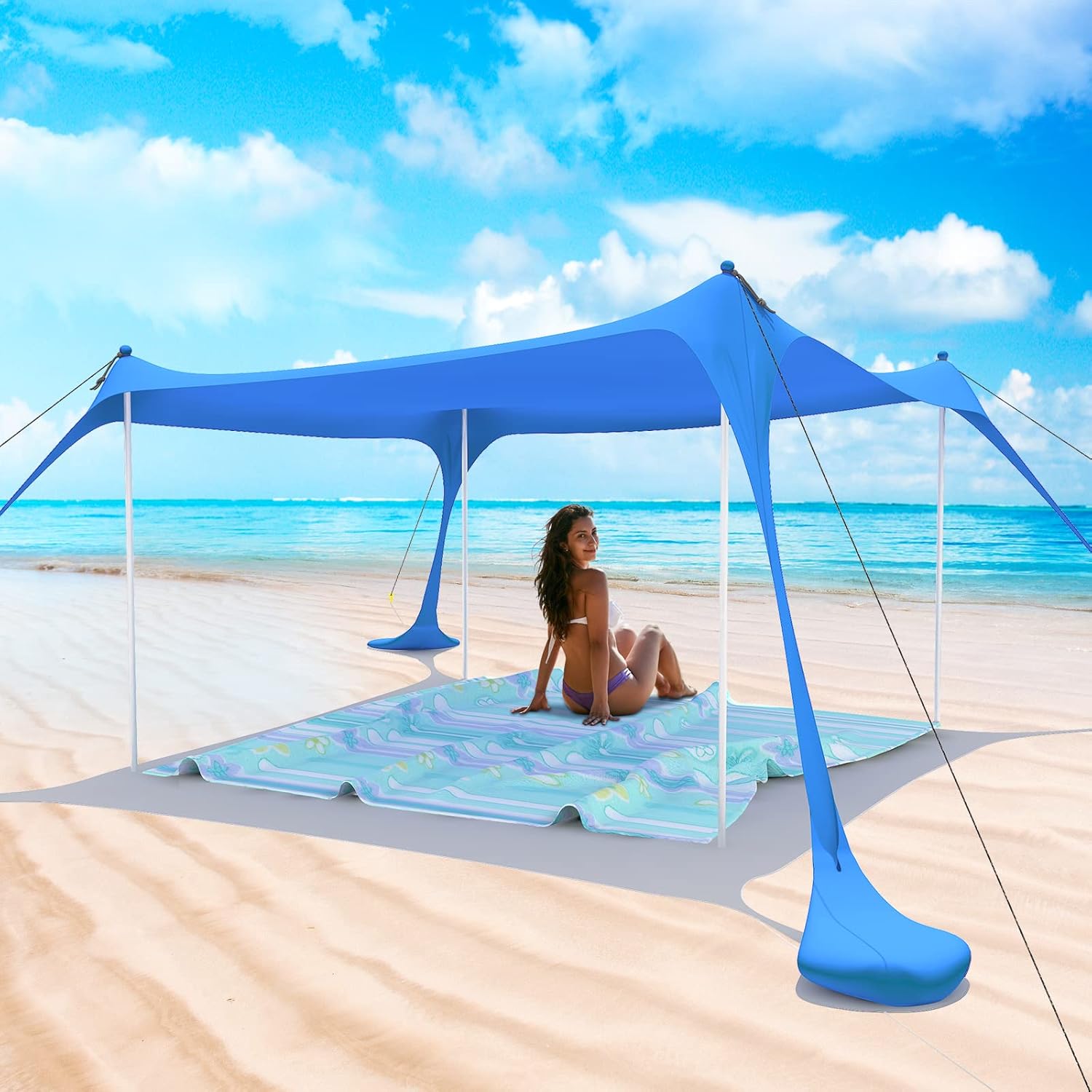 Beach Tent Pop Up Shade Canopy Sun Shelter UPF50+ with 2 Stability Poles/Carry Bag/Ground Pegs/Sand Shovel/Windproof Ropes Portable Outdoor Family Sunshade for Beach Camping(Royal Blue1010FT)