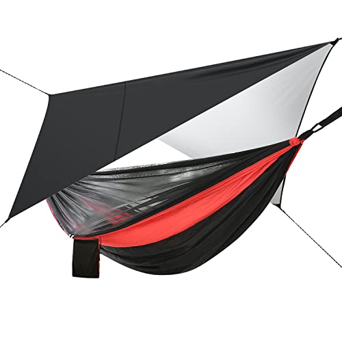 FIRINER Camping Hammock with Mosquito Net Rain Fly Heavy Duty Tree Strap Nylon Parachute Single Double Hammock Tent Waterproof Rainfly Set for Camping Backpacking Backyard Patio Hiking Travel Outdoor