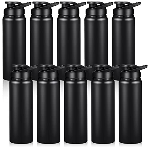 Chengu 10 Pcs 24oz Reusable Aluminum Water Bottle Bulk Operation Christmas Outdoor Lightweight Sports Water Bottles Easy Carry Leak Proof for Travel, Gym Camping Hiking Fishing, Snap Lid (Black)
