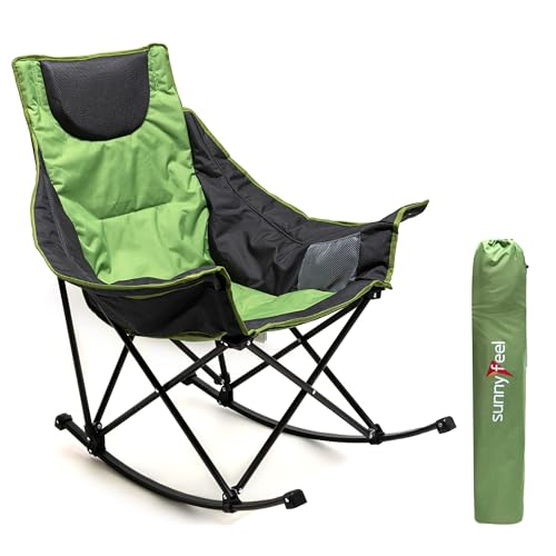 SUNNYFEEL Rocking Camping Chair, Luxury Padded Recliner, Oversized Folding Lawn Chair with Pocket, Heavy Duty for Outdoor/Picnic/Lounge/Patio, Portable Camp Rocker Chairs with Carry Bag