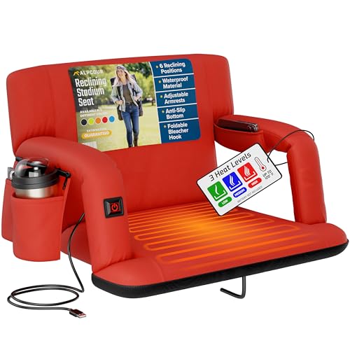 Alpcour Heated Reclining Stadium Seat for Bleachers - Wide Bleacher Chair with Back Support and Cushion, Armrests, Side Pockets, & Hook