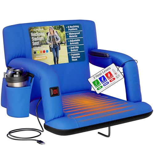 Alpcour Heated Reclining Stadium Seat for Bleachers - Wide Bleacher Chair with Back Support and Cushion, Armrests, Side Pockets, & Hook