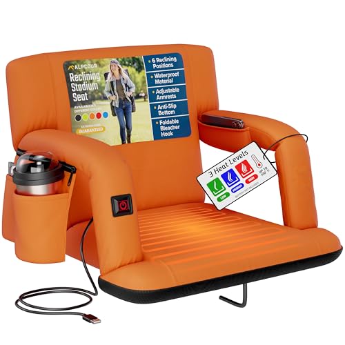 Alpcour Heated Reclining Stadium Seat for Bleachers - Wide Chair with Back Support, Armrests, Side Pockets & Hook