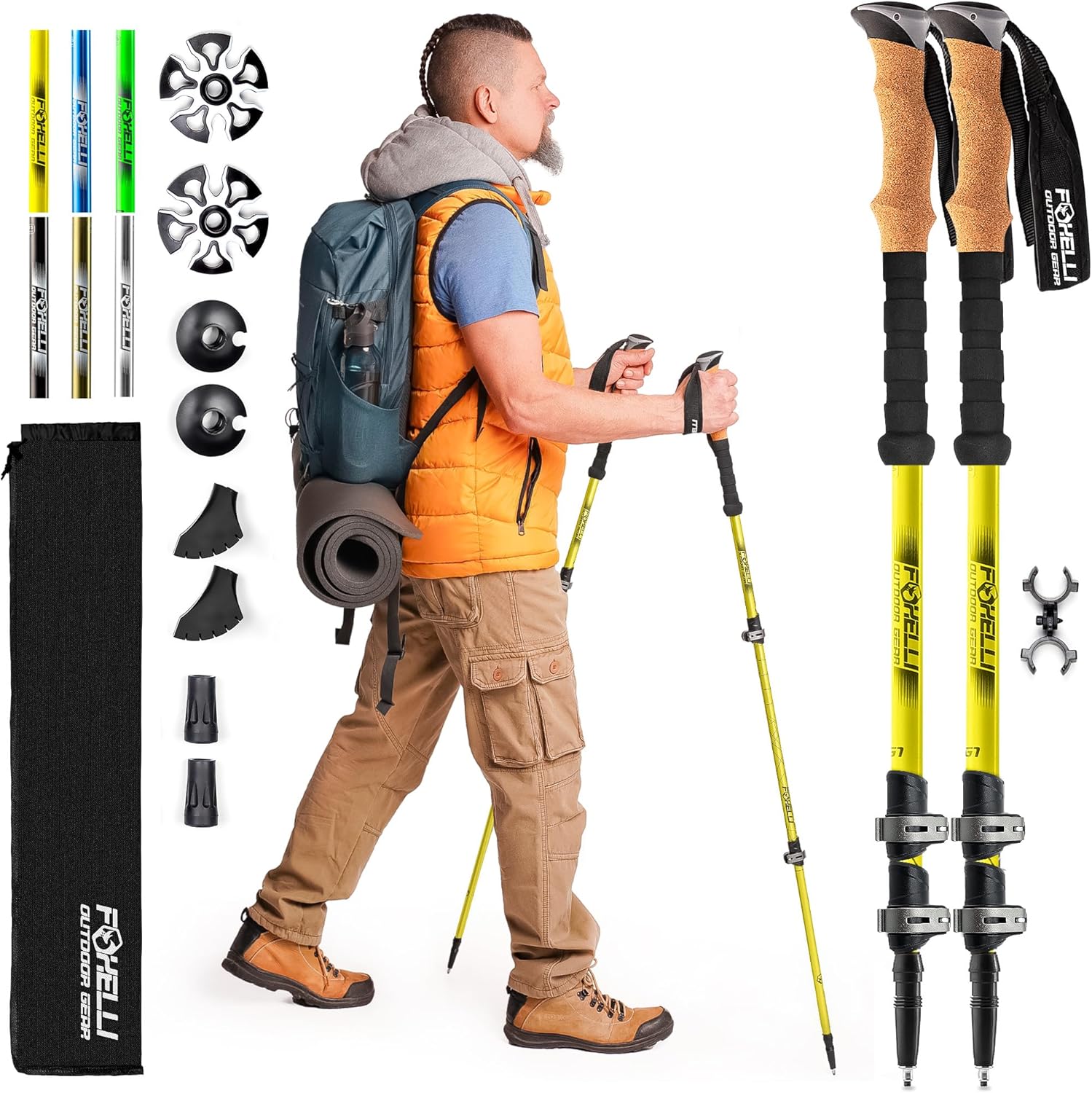 Foxelli Trekking Poles  Lightweight Collapsible Aircraft Grade Aluminum Hiking Poles with Cork Grips Quick Locks & All-Terrain Accessories  Pair of 2