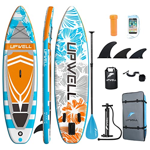 UPWELL 11'2/11'/10'8"/10'6/10'2 Inflatable Stand Up Paddle Board with sup Accessories Including Backpack, Repairing Kits, Non-Slip Deck, Leash, 3 Fins, Paddle and Hand Pump