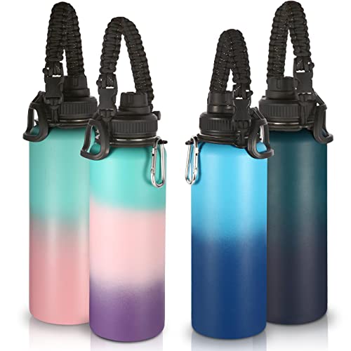 Volhoply Insulated Water Bottles Bulk 4 Pack, 40 oz Stainless Steel Sports Bottle with Paracord Handle,Metal Travel Water Cups with Wide Mouth, Reusable Large Water jug for Hiking(Assorted,4 Set)