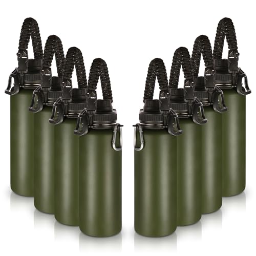 Volhoply Insulated Water Bottles Bulk 8 Pack, 40 oz Stainless Steel Sports Bottle with Paracord Handle Spout Lid, Vacuum Metal Travel Cups with Wide Mouth,Reusable Large Water Cup(Army Green,8 Set)