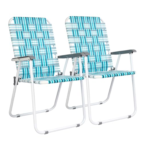 VINGLI Patio Lawn Webbed Folding Chairs Set of 2, Outdoor Beach Chair Portable Dining Chair for Outdoor Yard, Garden (White & Blue, Classic)