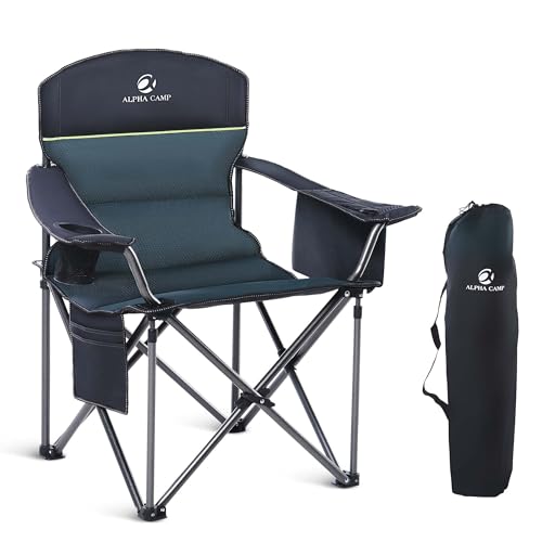 LET'S CAMP Oversized Folding Camping Chair Portable Outdoor Heavy Duty Padded Chairs Lawn Chair with Cup Holder, Storage Pocket and Cooler Bag, Supports 450LBS, for Camp, Travel, Picnic (Green)