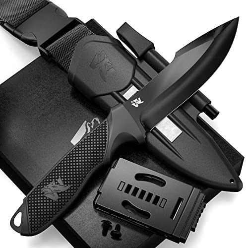 ODENWOLF WOLF-III Full Tang Survival Knife with Fire Starter and Sheath - Stylish Tactical Fixed Blade - Made of D2 Steel - Bushcraft and Camping Knife - With Belt Loop, Plug Lock & Multi Lok