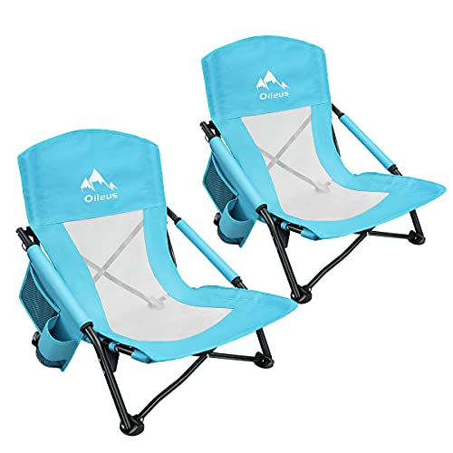 Oileus Low Beach Chair for Beach Tent & Shelter & Camping | Outdoor Ultralight Backpacking Folding Recliner Chairs with Cup Holder & Storage Bag, Carry Bag, Breeze Mesh Back, Compact Duty 1 Pcs Chair