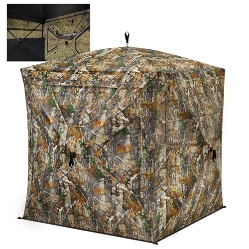 TIDEWE See Through Blind 270with Silent Magnetic Door & Sliding Windows, 2-3 Person Pop Up Ground Blind with Carrying Bag, 300D Portable Resilient Tent(Camouflage & Veil Rush)