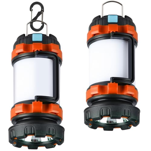 2 Pack Camping Lantern, Outdoor LED Camping Light, Rechargeable Flashlights with 1000LM, 6 Modes, 4000mAh Power Bank, IPX5 Waterproof Portable Emergency Camp Light for Hurricane Survival - Orange