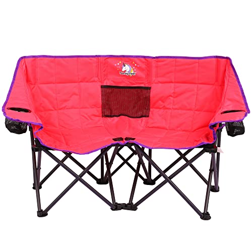SUNNYFEEL Kids Folding Double Camping Chair, Portable Kids Camping Chairs 2 Seat Chair, Pink Padded Foldable Lawn Chairs with Cup Holder for Beach/Outdoor/Travel/Picnic, Foldable Camp Chairs 2 Person