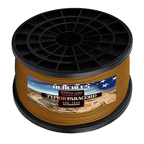 HERCULES Type III Paracord 550 Paracord Rope Parachute Cord, 1000' Coyote Brown for Camping Cord, Survival Rope