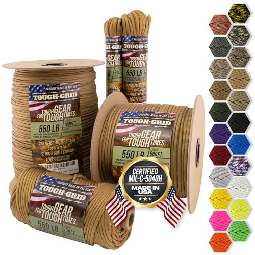 TOUGH-GRID Paracord Rope 550 lbs Nylon Parachute Cord, Made in USA Survival Kit, Outdoor Adventures, Camping, Tactical Gear & Emergency Supplies, Military Type III Mil-Spec