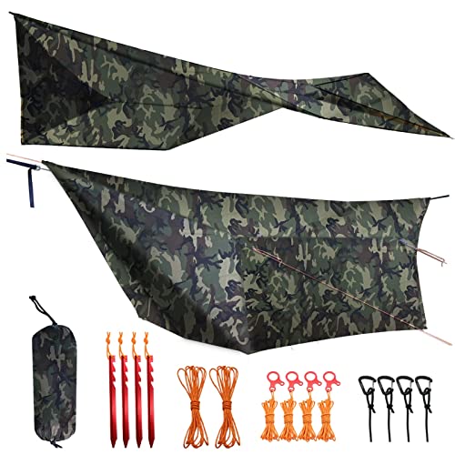 Onewind 1210 ft Camo Camping Tarp, Billow Tarp Shelter Lightweight Waterproof Hammock Rainfly for Stealth Camping Army Military Bushcraft, Easy to Setup with Tent Pegs and Guyline, Camouflage