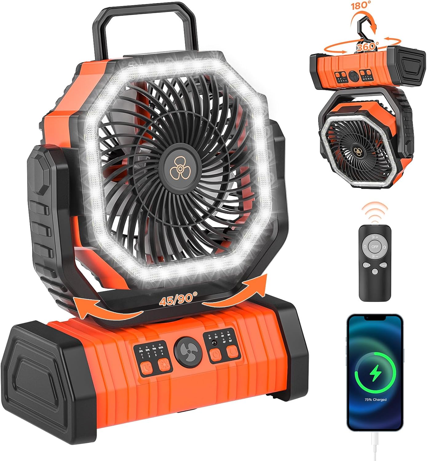 Rechargeable Camping Fan with LED Lantern, 20000mAh Auto-Oscillating Battery Operated with Remote/Hook/Timer, 8 Portable Fan for Picnic, Fishing,Tent, RV, Power Outages, Hurricane(Orange)