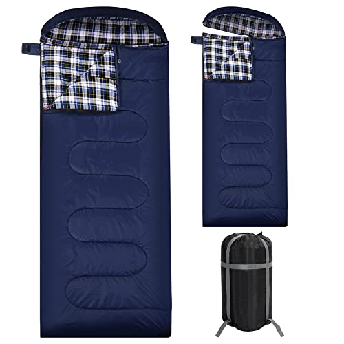 REDCAMP Flannel Sleeping Bag for Adults, Comfortable Cotton Sleeping Bags for Camping with Detachable Hood, Red/Grey/Blue
