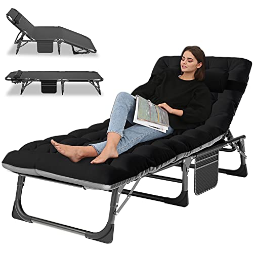 LILYPELLE Portable Folding Cot Bed, Adjustable 6-Position Adults Reclining Chaise with Pillow, Outdoor Portable Lounge Chair Sleeping Cot for Camping, Pool, Beach, Patio