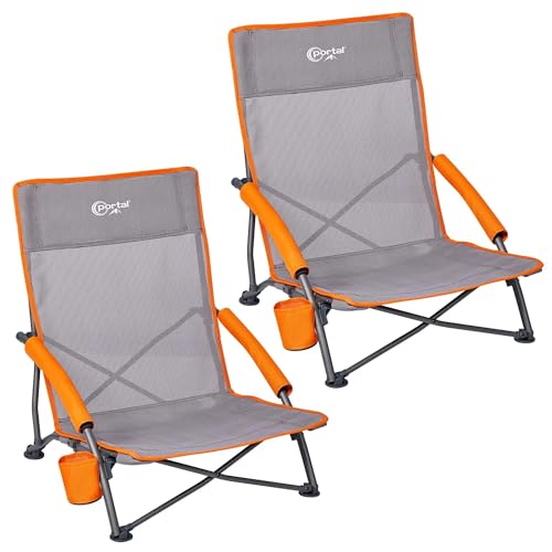 PORTAL Beach Chairs for Adults Camping Low Lightweight Portable Chair with Cup Holder Mesh Back Carry Bag for Outdoor Sand Lawn Travel Picnic Festival Concert
