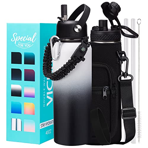 Insulated Water Bottle 40OZ - Cold-48h Hot-24h, Sweat-Proof, Large Stainless Water Bottle with Paracord Handle, Straw Spout Lid, Carrying Pouch & Protective Boot, Office Gym Flask Waterbottle