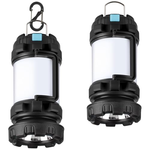 2 Pack Camping Lantern, Outdoor LED Camping Light, Rechargeable Flashlights with 1000LM, 6 Modes, 4000mAh Power Bank, IPX5 Waterproof Portable Emergency Camp Light for Hurricane Survival - Black