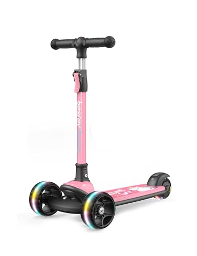 Besrey Kick Scooter for Kids Ages 3-10, 3-Wheel Folding Scooter with Adjustable Height, LED Light Wheels, Extra Wide Deck for Outdoor Activities
